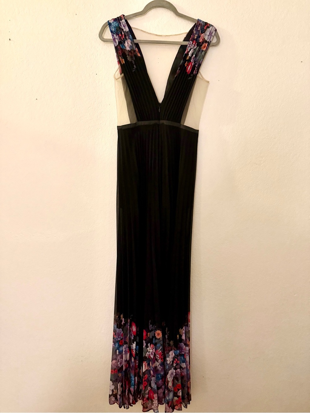bebe Black Maxi Dress with Deep V and Floral Trim